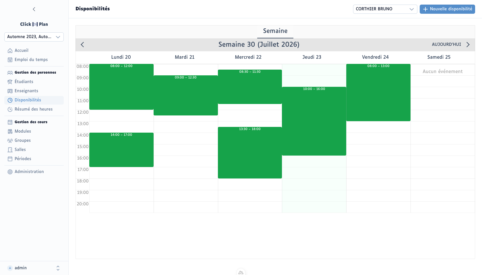 Disponibilités hebdomadaires d'un enseignant : des plages en vert du lundi au vendredi, avec leurs horaires (08:00–12:00, 14:00–17:00…), sur lesquelles les cours peuvent être placés
