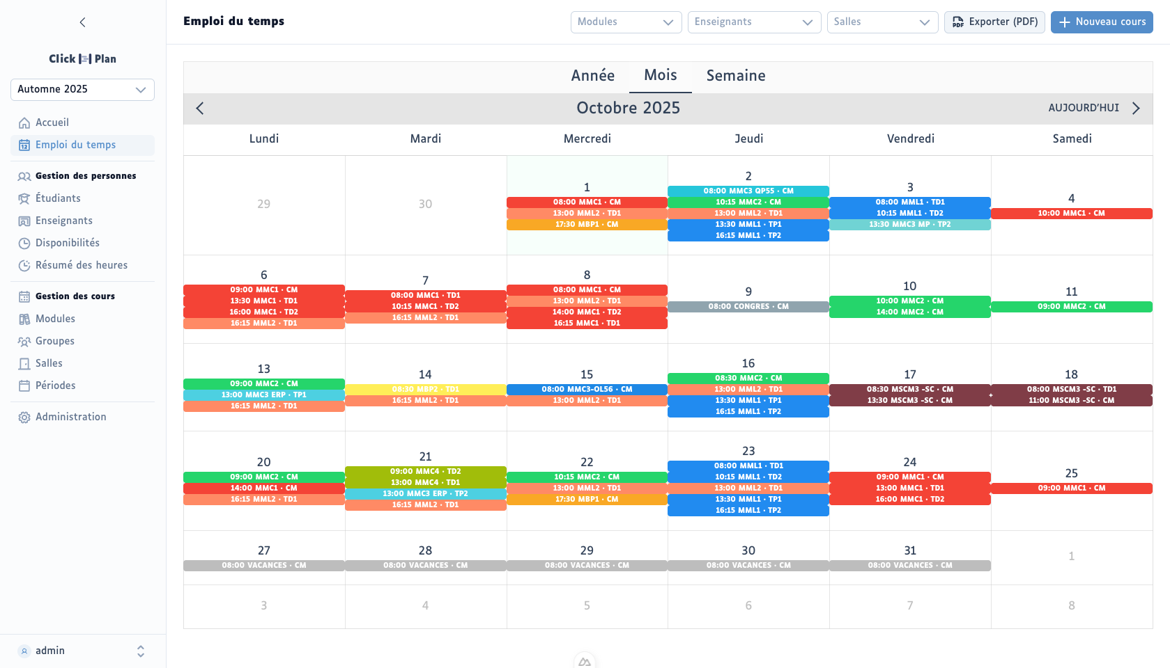Vue mois d'octobre 2025 : 66 cours placés, chaque bloc portant son module, son type CM, TD ou TP et son horaire