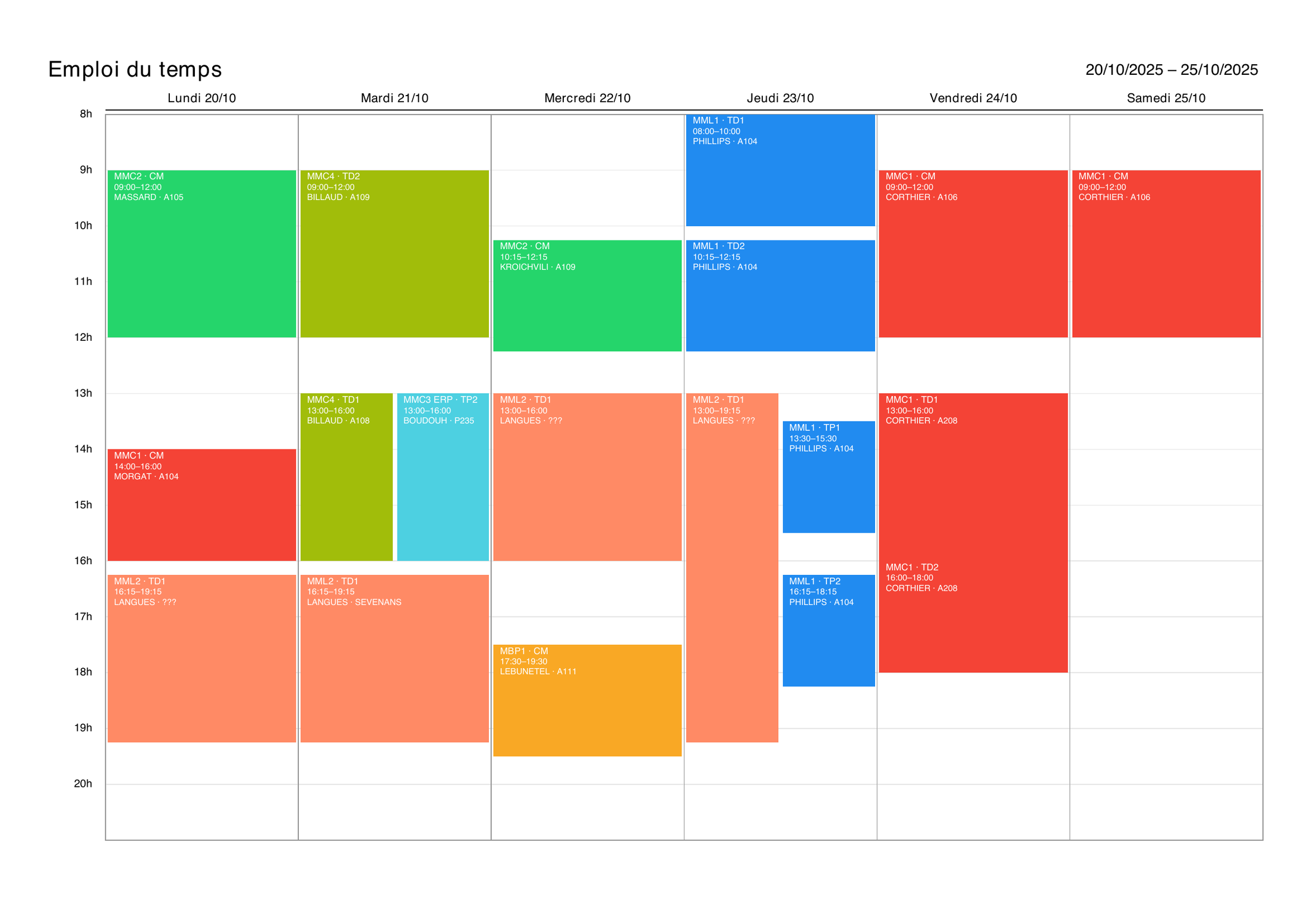 Export PDF de l'emploi du temps d'une semaine, prêt à imprimer : chaque cours en bloc coloré avec module, horaire, enseignant et salle